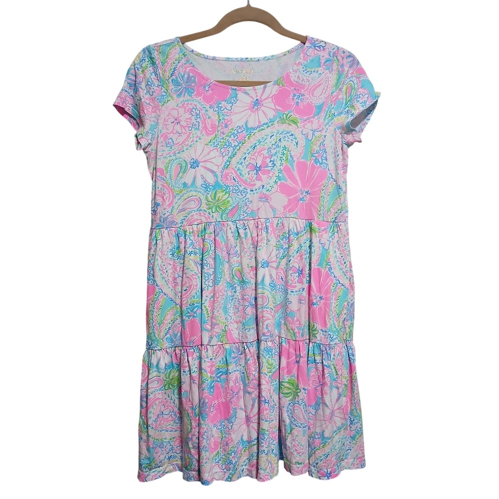 Lilly Pulitzer XS Tiered Dress Pink‎ Blue Paisley Short Sleeve Cotton